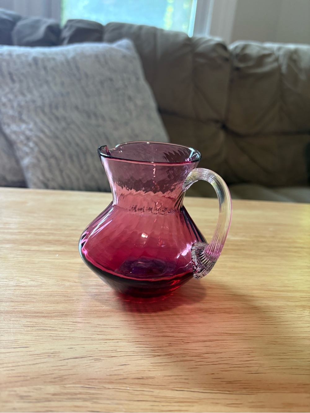 Ruby Pink Glass Pitcher with Clear Handle - Decorative Serveware